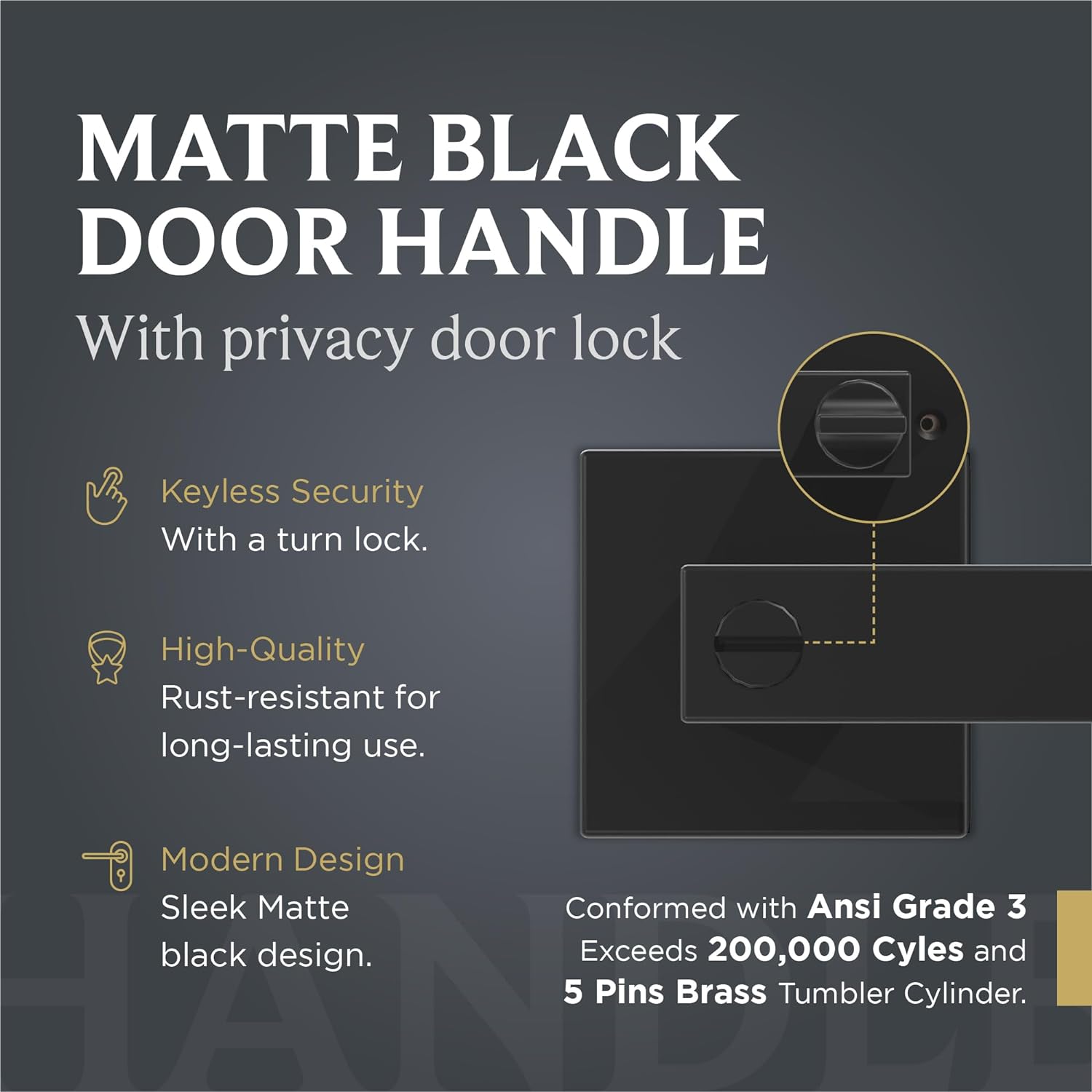 Matte Black Door Handle with Privacy Door Lock - Modern Keyless Lever Door Handle for Interior Doors - Stainless Steel