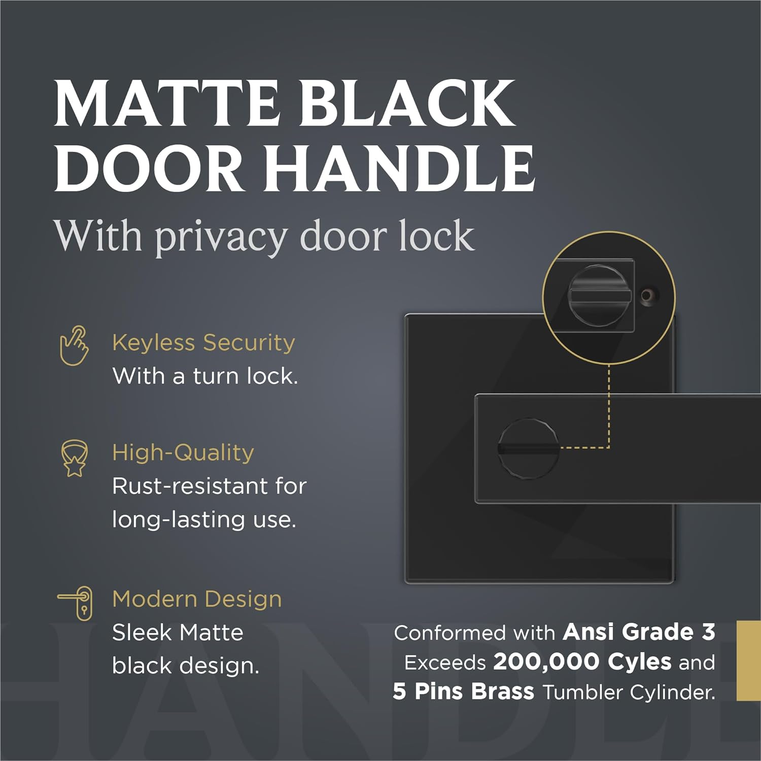 Matte Black Door Handle with Privacy Door Lock  - Modern Keyless Lever Door Handle for Interior Doors - Stainless Steel